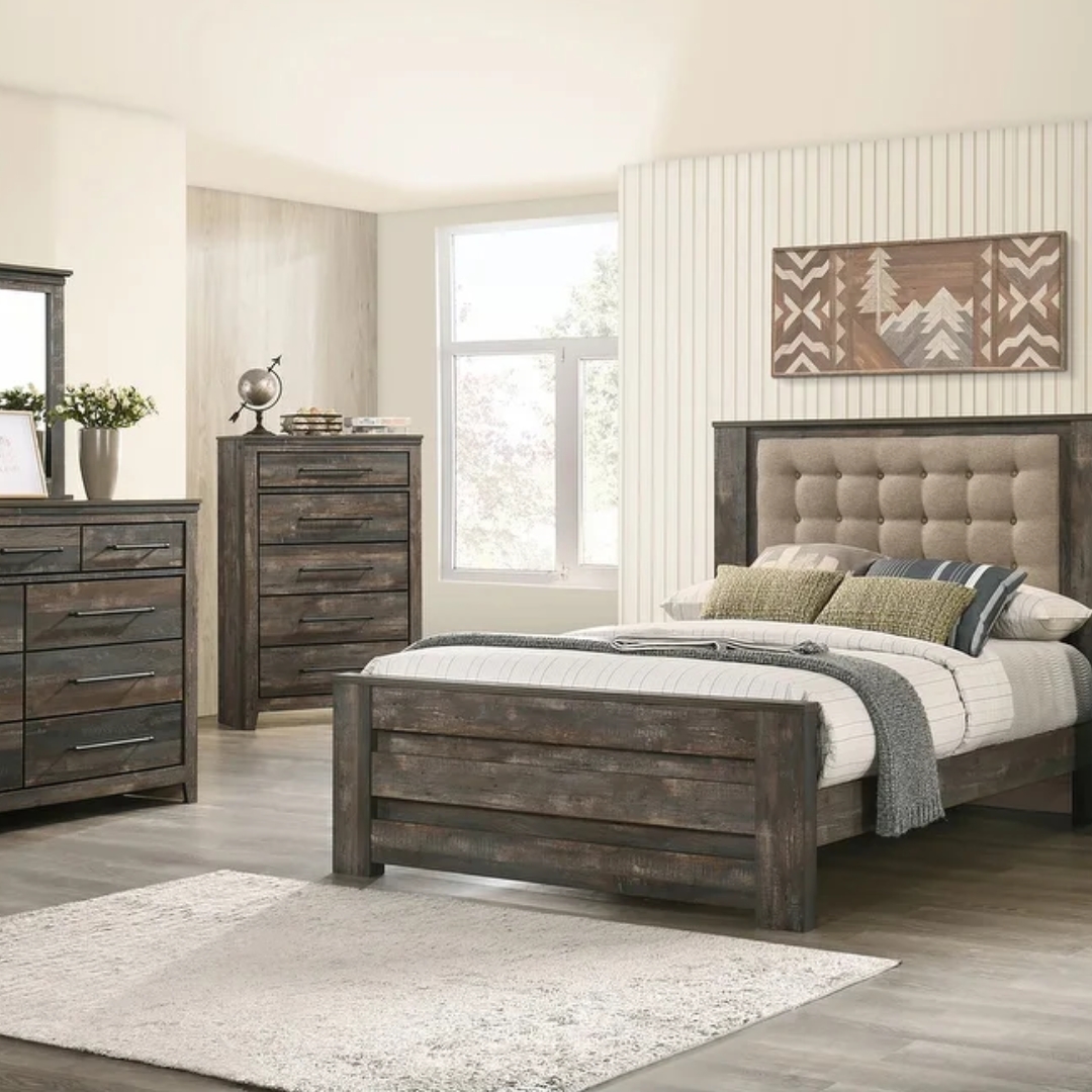 Ridgedale Weathered Dark Brown Tufted Padded Panel Bedroom Furniture set