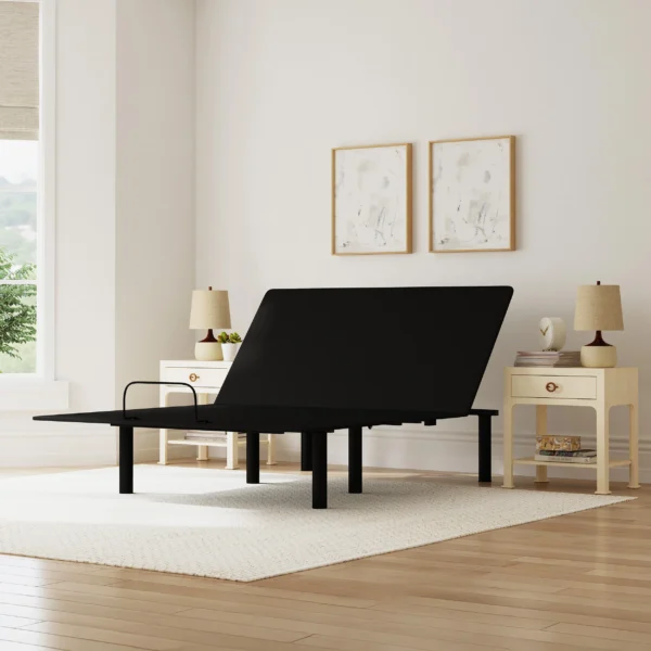 Neutral-tone room featuring a black adjustable base in mid-lift between matching nightstands.