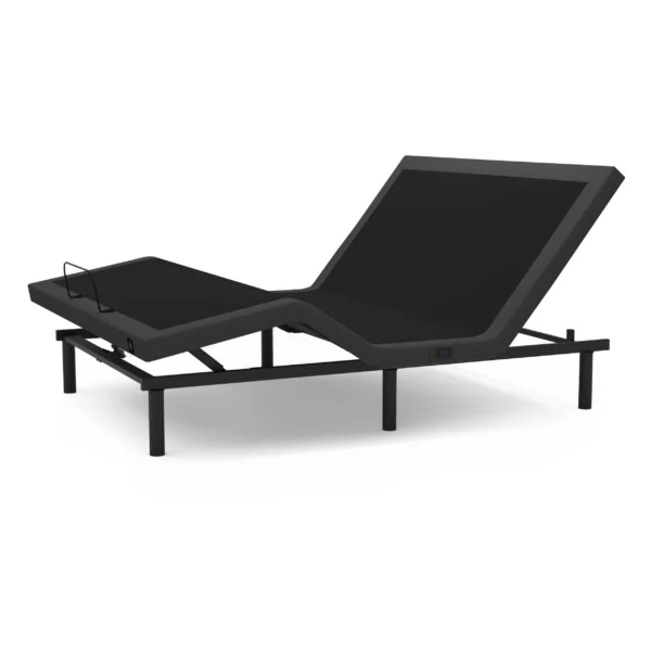 Three-quarter view of the base showing head incline, foot decline, and side-mounted USB port.