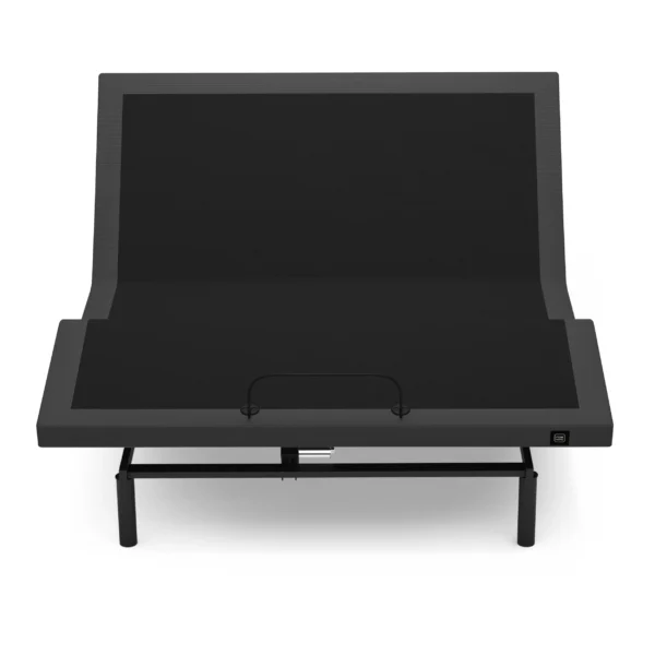 Straight-on shot of an adjustable bed base with raised backrest, flat leg section, and mattress retainer bar.