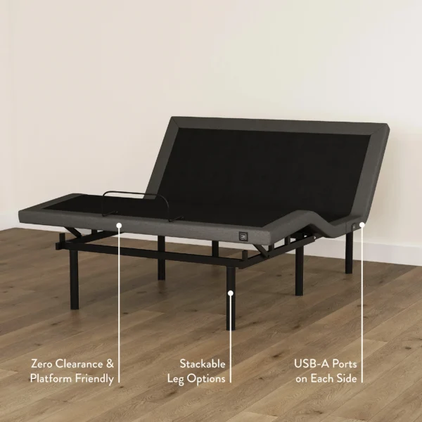 Partially raised adjustable base highlighting zero-clearance build, stackable leg options, and dual USB-A ports.