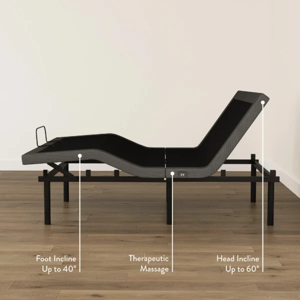 Side view of massage-enabled adjustable base labeled 40° foot incline, 60° head incline, and therapeutic massage.