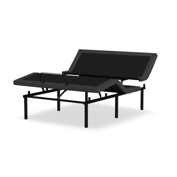 Adjustable base angled with raised head and foot sections on a black steel support frame.