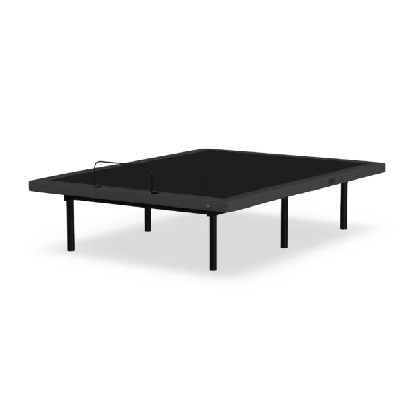 Perspective view of a flat black adjustable bed platform with six metal legs and mattress retainer bar.