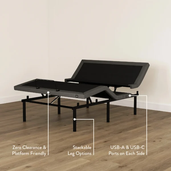 Adjustable base reclined, labeled zero-clearance platform design, stackable legs, and USB-A/USB-C ports.