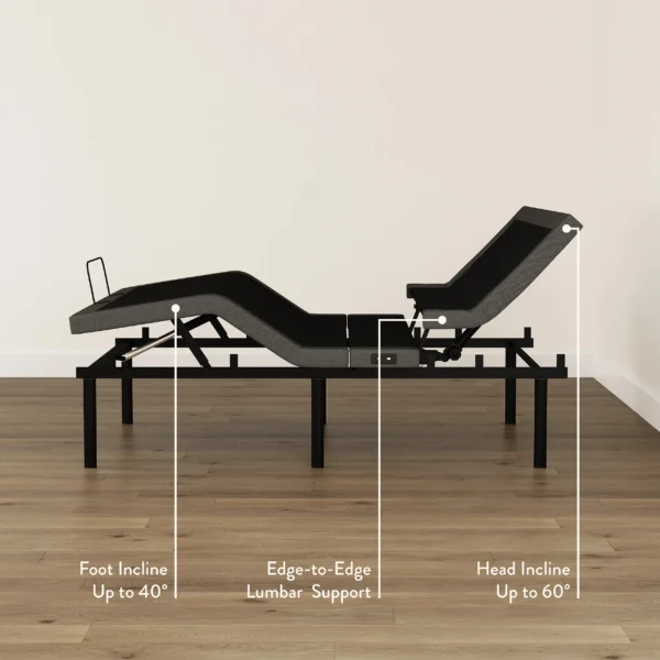 Side profile of an adjustable bed showing foot incline to 40°, lumbar support, and head incline to 60°.