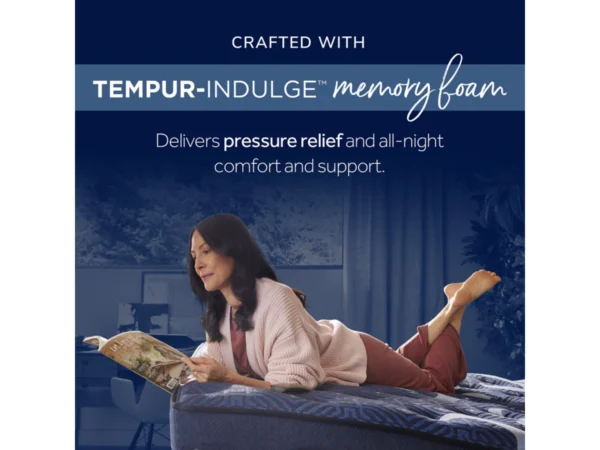 Woman reading on blue mattress in ad highlighting Tempur-Indulge memory-foam pressure relief.