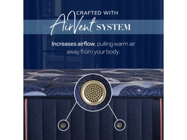 Graphic of mattress AirVent System with zoomed brass vent showing increased airflow benefit.