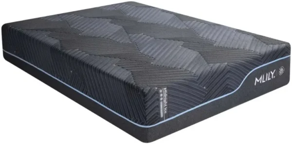 Black MLILY Midnight Ice memory-foam mattress with chevron-textured cover and blue piping.