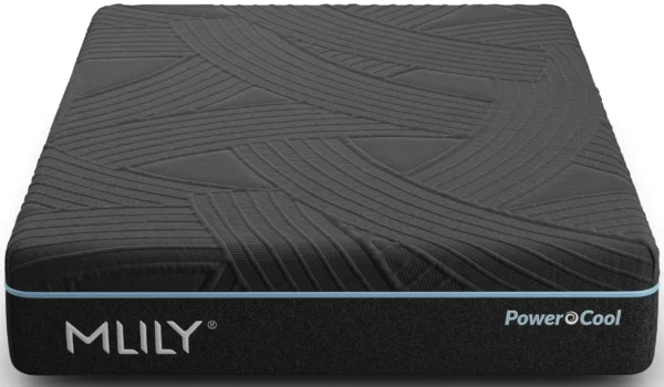 Straight-on product shot of the MLILY PowerCool mattress, highlighting its quilted black top and blue trim.