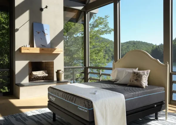 MLILY PowerCool mattress staged in a window-lined lakeside room with ample natural light.