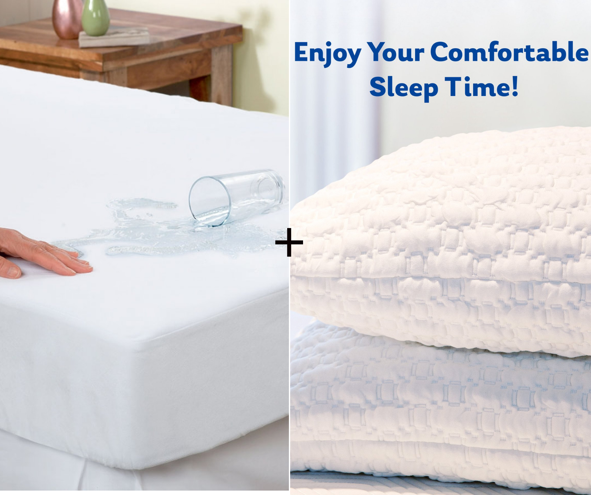 Split graphic of a waterproof mattress protector repelling spilled water next to stacked white pillows and “Enjoy Your Comfortable Sleep Time!” text.