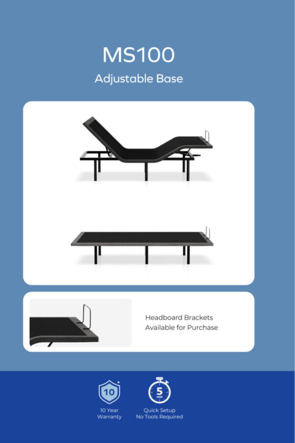 MS100 adjustable base promo card displaying reclined and flat positions, warranty, and quick-setup icons.
