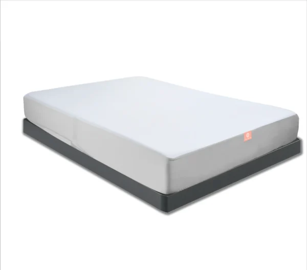 Mattress fully covered by a sleek white encasement on a low dark platform base.