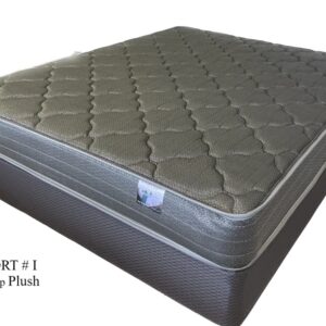 Angled product shot of a plush “Resort #1” non-flip mattress in olive-grey on its matching base.