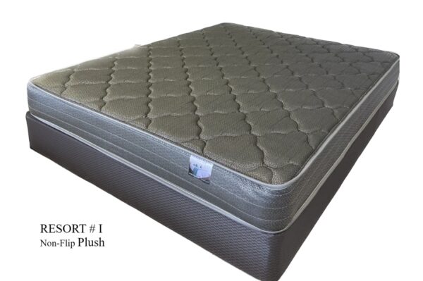 Angled product shot of a plush “Resort #1” non-flip mattress in olive-grey on its matching base.