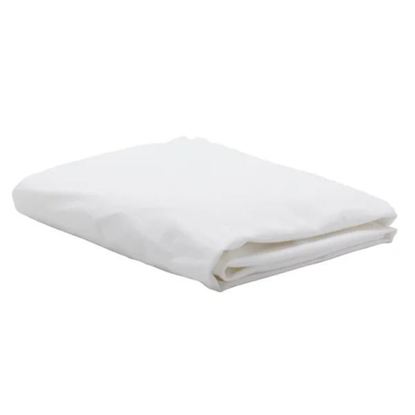 Folded white mattress-protector sheet displayed against a plain backdrop.