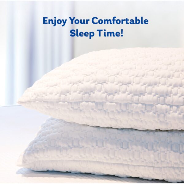 Two textured white pillows stacked on a bed beneath the phrase “Enjoy Your Comfortable Sleep Time!”