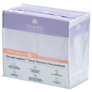 Angled view of DreamComfort Total Mattress Encasement packaging with icons for waterproof, allergen, and bug protection.
