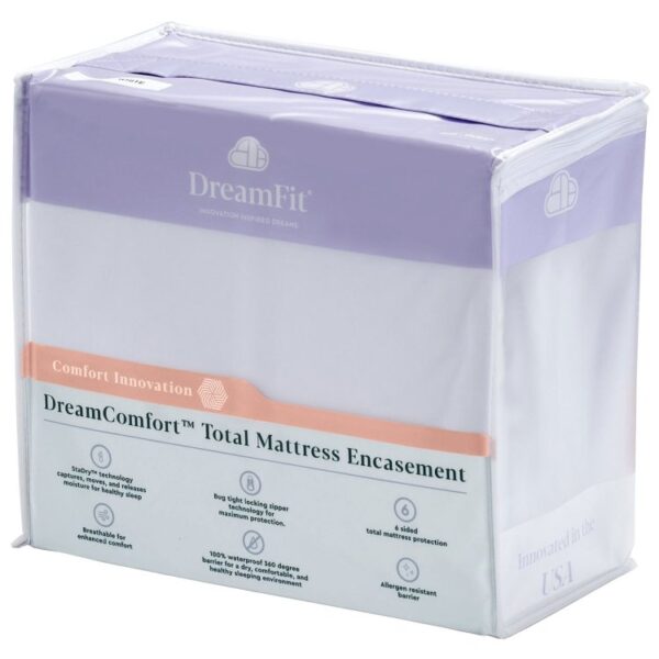 Angled view of DreamComfort Total Mattress Encasement packaging with icons for waterproof, allergen, and bug protection.