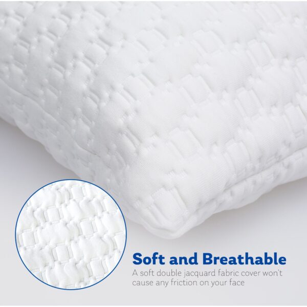 Close-up of jacquard fabric memory-foam pillow with magnified inset and caption “Soft and Breathable.”