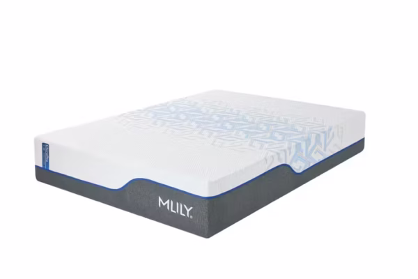 Angled product shot of a white-top MLILY mattress with blue geometric pattern and grey sides.