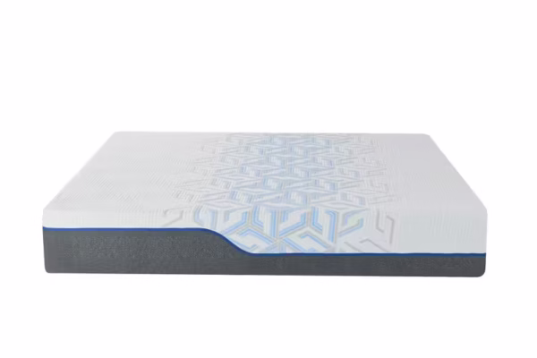 Side profile view of the same MLILY mattress, highlighting its textured white surface and blue trim.