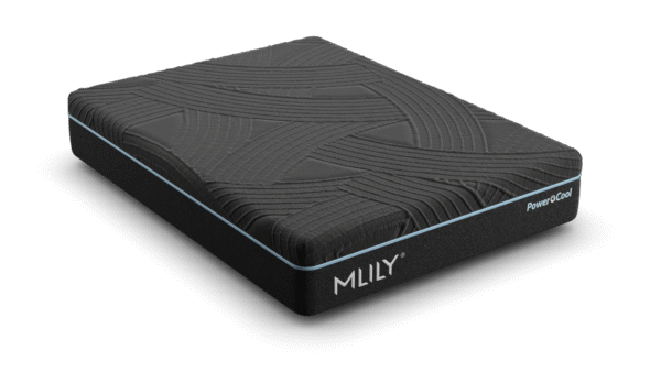 Angled render of a black MLILY PowerCool mattress with light-blue piping on a transparent background.