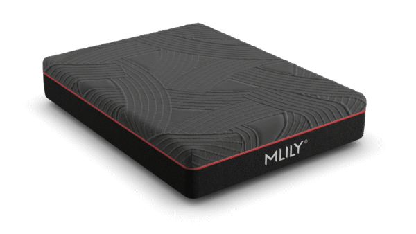 Isolated 3-D render of a black MLILY mattress with sculpted cover and red piping on a transparent background.
