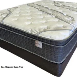 Ice-Copper Euro-Top mattress featuring a tufted white surface and blue-grey basket-weave sides.