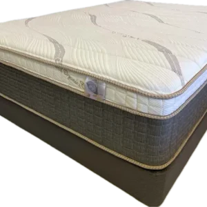 Angled image of a white quilted Euro-top mattress with woven taupe-grey side panels on a transparent background.