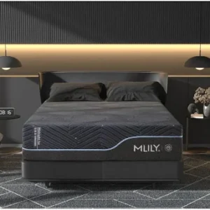 Sleek bedroom scene showcasing a black MLILY Midnight Ice mattress on a dark platform base.