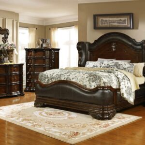 Titanic Furniture - Brooks Brown Leather Marble Top Nail Head Wingback Panel Bed - Queen