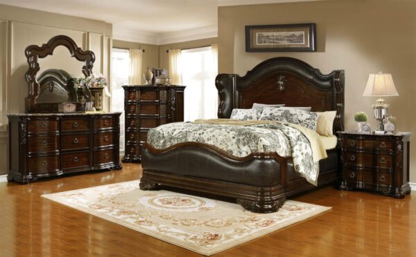Titanic Furniture - Brooks Brown Leather Marble Top Nail Head Wingback Panel Bed