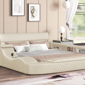 Titanic Furniture - Odessa Platform Bed Cream Upholstered w/ Massage Chaise, Bluetooth Speaker, Side & Foot Storage, Reading Light