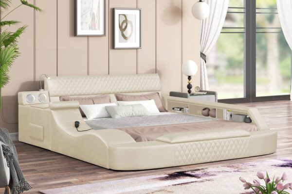 Titanic Furniture - Odessa Platform Bed Cream Upholstered w/ Massage Chaise, Bluetooth Speaker, Side & Foot Storage, Reading Light
