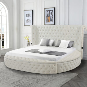 Titanic Furniture - Cape May Platform Bed Cream Velvet Studded with Side & Foot Storage, Bluetooth Speaker, USB
