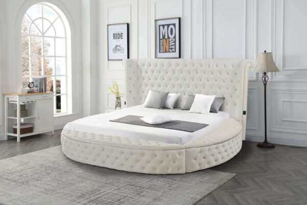Titanic Furniture - Cape May Platform Bed Cream Velvet Studded with Side & Foot Storage, Bluetooth Speaker, USB