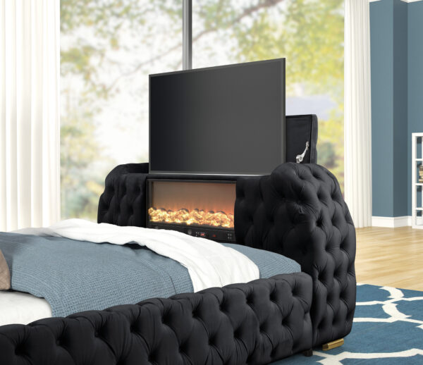 Titanic Furniture - Rose Platform Bed Black Velvet Tufted TV Lift with Bluetooth Speaker, Fireplace, USB Type C - Image 3