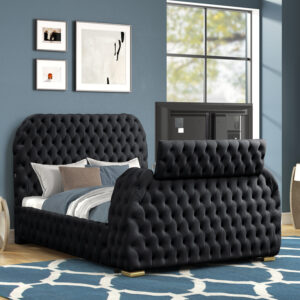Titanic Furniture - Rose Platform Bed Black Velvet Tufted TV Lift with Bluetooth Speaker, Fireplace, USB Type C