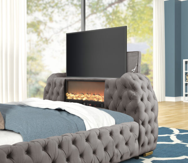 Titanic Furniture - Rose Gray Platform Bed Velvet Tufted TV Lift with Bluetooth Speaker, Fireplace, USB Type C - Image 3