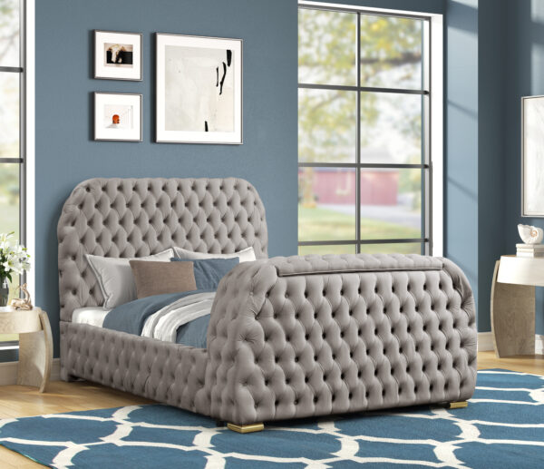 Titanic Furniture - Rose Gray Platform Bed Velvet Tufted TV Lift with Bluetooth Speaker, Fireplace, USB Type C - Image 2