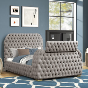 Titanic Furniture - Rose Gray Platform Bed Velvet Tufted TV Lift with Bluetooth Speaker, Fireplace, USB Type C - Queen