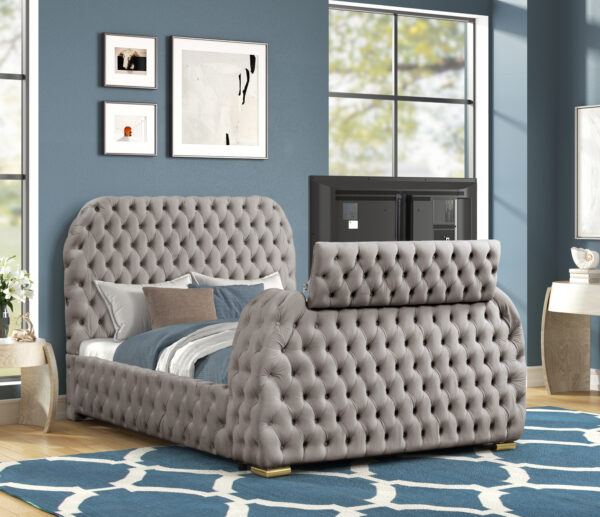 Titanic Furniture - Rose Gray Platform Bed Velvet Tufted TV Lift with Bluetooth Speaker, Fireplace, USB Type C