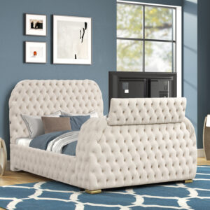 Titanic Furniture - Rose Cream Velvet Tufted TV Lift with Bluetooth Speaker, Fireplace, USB Type C Platform Bed - Queen