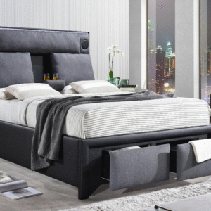 Titanic Furniture - Chester Storage Platform Bed Black & Gray Upholstered w/ Bluetooth Speakers, USB, LED Light, Armrest w/ Cupholders