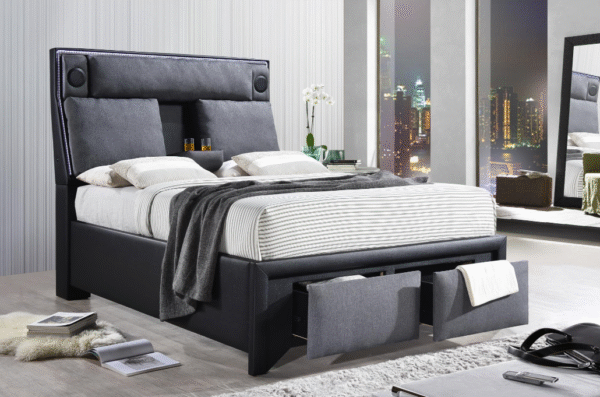 Titanic Furniture - Chester Storage Platform Bed Black & Gray Upholstered w/ Bluetooth Speakers, USB, LED Light, Armrest w/ Cupholders