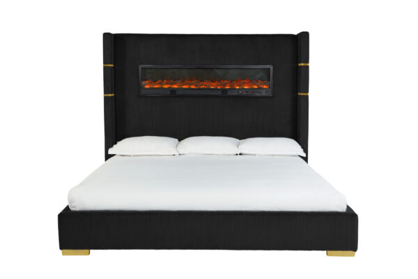 Titanic Furniture - Eliza Panel Bed Black Velvet Upholstered w/ Fireplace, Bluetooth Speaker, USB - Image 2