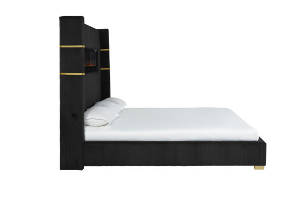 Titanic Furniture - Eliza Panel Bed Black Velvet Upholstered w/ Fireplace, Bluetooth Speaker, USB - Image 3