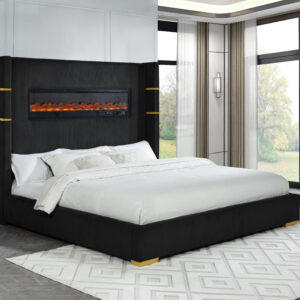 Titanic Furniture - Eliza Panel Bed Black Velvet Upholstered w/ Fireplace, Bluetooth Speaker, USB